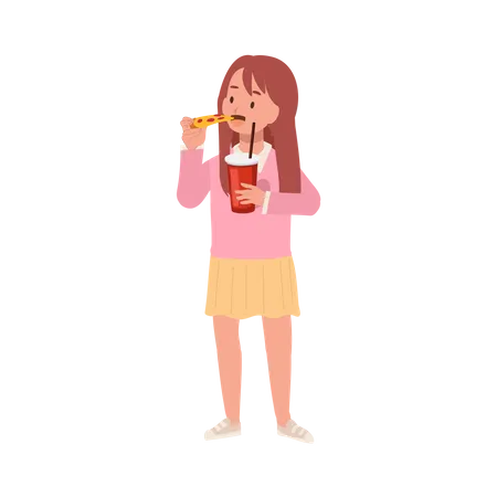 Menina comendo pizza e segurando um copo de refrigerante  Ilustração