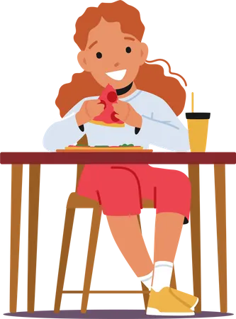 Menina comendo pizza enquanto está sentado à mesa  Ilustração