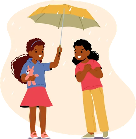 Menina convidando um amigo sob o guarda-chuva  Ilustração