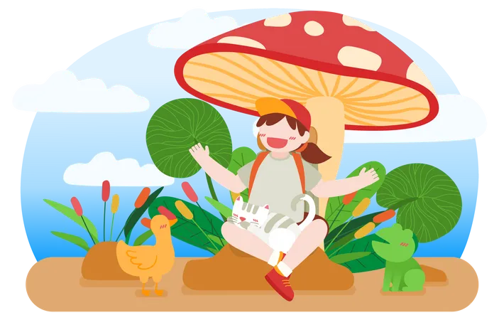 Menina debaixo de cogumelo e brincando com gatinho, droga e sapo  Ilustração