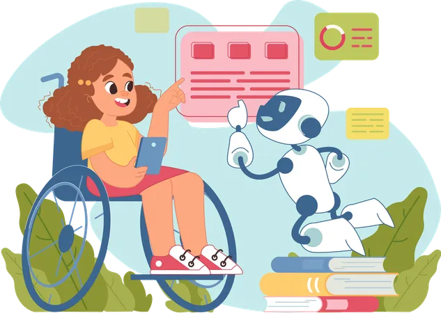 Menina deficiente interagindo com chatbot educacional inteligente  Ilustração