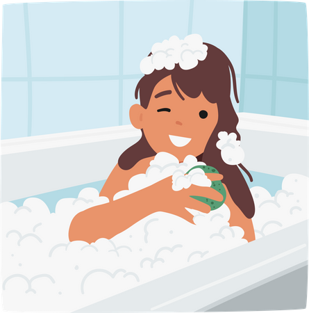 Menina ensaboando alegremente o corpo com esponja no banho  Ilustração