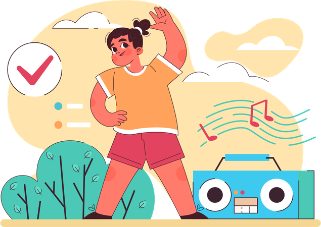 Menina fazendo exercícios matinais enquanto tocava música no sistema de música  Ilustração