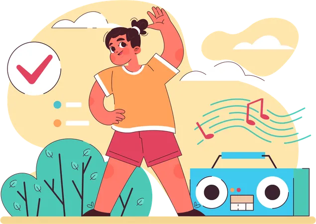 Menina fazendo exercícios matinais enquanto tocava música no sistema de música  Ilustração