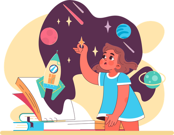 Menina fazendo pesquisa científica espacial  Ilustração