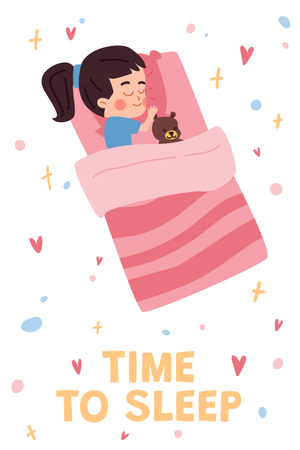 Menina bonitinha dormindo na cama com ursinho de pelúcia, hora de dormir  Ilustração