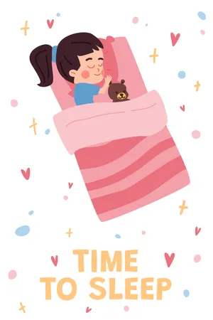 Menina bonitinha dormindo na cama com ursinho de pelúcia, hora de dormir  Ilustração