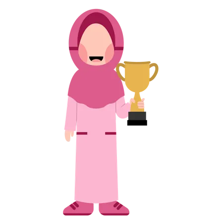 Garota Hijab Segurando Trofeu Ilustração