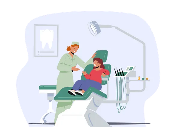 Crianca No Consultorio Do Dentista Paciente Menina Na Clinica Odontologica Para Criancas Sentadas Na Cadeira Com Equipamento Para Exame De Dentes E Cavidade Oral Estomatologia Medica Medica Ilustra O Vetorial De Desenho Animado Ilustração
