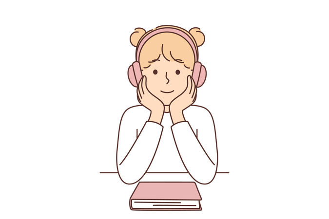 Menina ouve audiolivro usando fones de ouvido como alternativa à leitura de livros didáticos  Ilustração