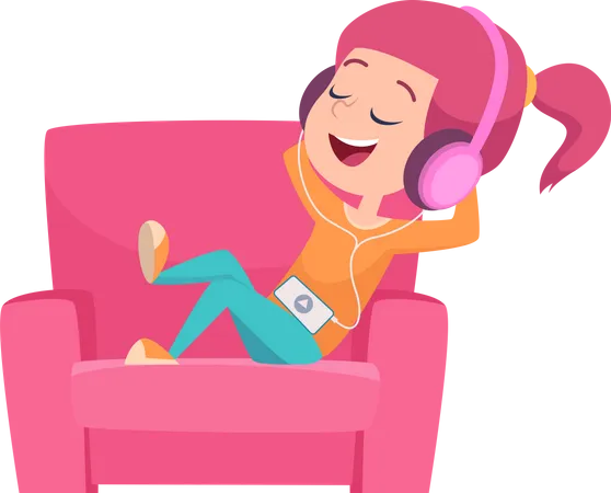 Menina relaxando no sofá enquanto ouve música  Ilustração