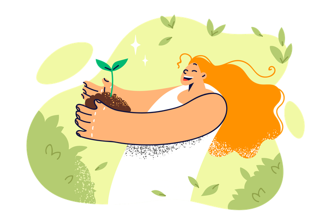 Menina segura um punhado de terra com rebento  Ilustração