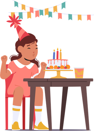 Menina apaga ansiosamente as velas do bolo de aniversário  Ilustração