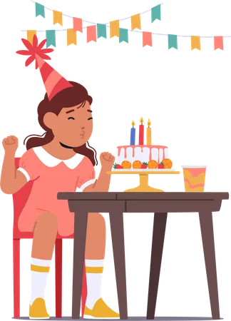 Menina apaga ansiosamente as velas do bolo de aniversário  Ilustração