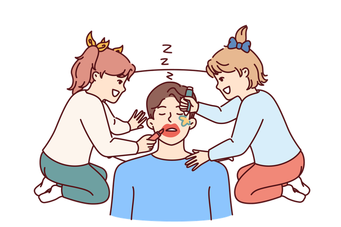Meninas engraçadas fazem maquiagem no rosto do pai adormecido  Ilustração