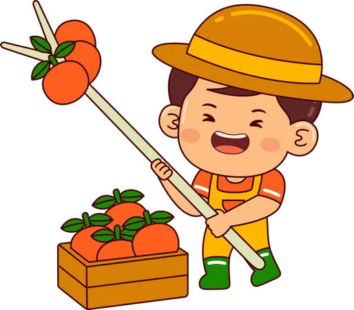 Garotinho fazendeiro coletando tomate  Ilustração