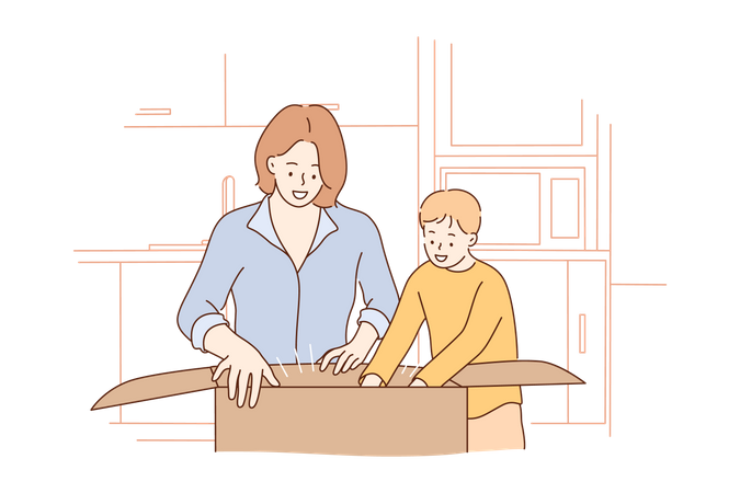 Garotinho ajudando sua mãe  Ilustração