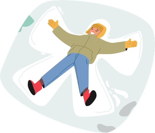 Garotinho cai alegremente na neve recém-caída  Ilustração