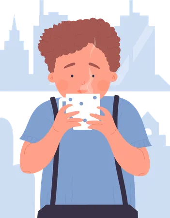 Garotinho bebendo chá quente  Ilustração