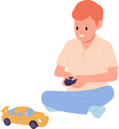 Garotinho brincando de carro de brinquedo com joystick controlado por rádio  Ilustração
