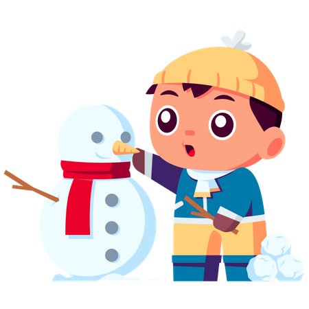 Garotinho brincando com boneco de neve  Ilustração