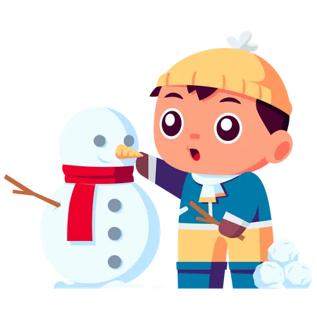 Garotinho brincando com boneco de neve  Ilustração