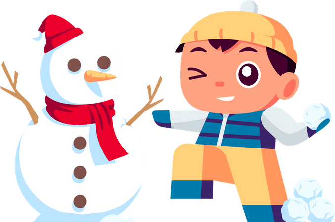 Garotinho brincando com boneco de neve  Ilustração