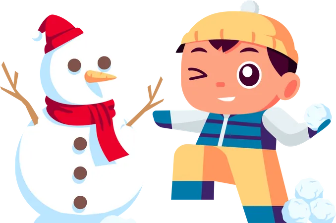 Garotinho brincando com boneco de neve  Ilustração