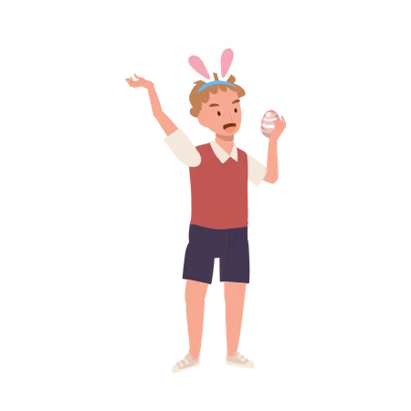 Garotinho com orelhas de coelho fica feliz ao encontrar um ovo de Páscoa  Ilustração