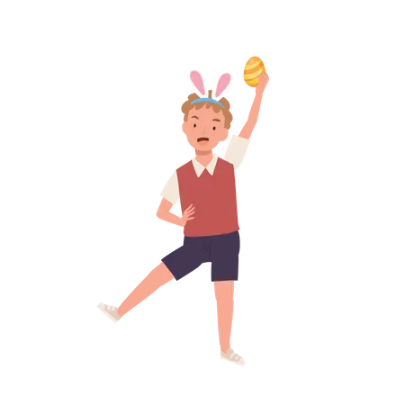 Garotinho com orelhas de coelho fica feliz ao encontrar um ovo de Páscoa  Ilustração