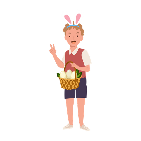 Garotinho com orelhas de coelho mostrando totalmente a cesta de caçar um ovo de páscoa  Ilustração