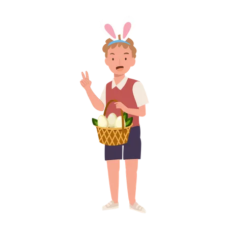 Garotinho com orelhas de coelho mostrando totalmente a cesta de caçar um ovo de páscoa  Ilustração