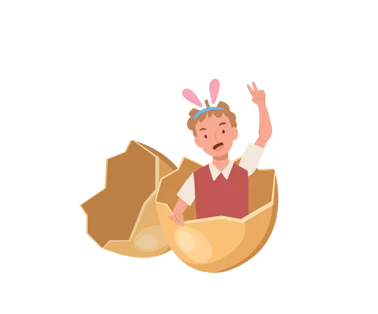 Garotinho com orelhas de coelho na casca do ovo  Ilustração