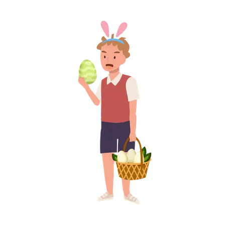 Garotinho com orelhas de coelho segurando um ovo de páscoa e uma cesta na outra mão  Ilustração
