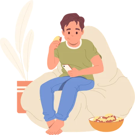 Garotinho comendo comida doce e pouco saudável, sentado em uma poltrona usando smartphone  Ilustração