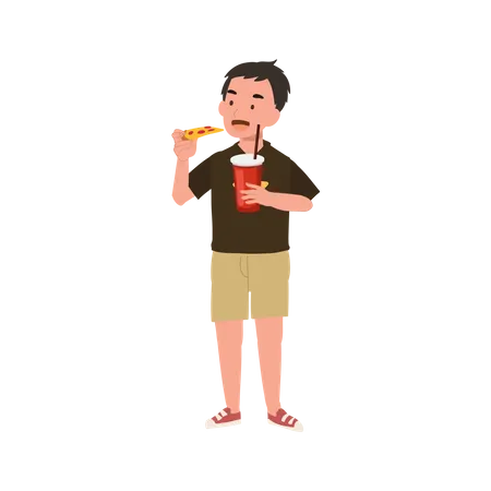 Garotinho comendo pizza e segurando um copo de refrigerante  Ilustração