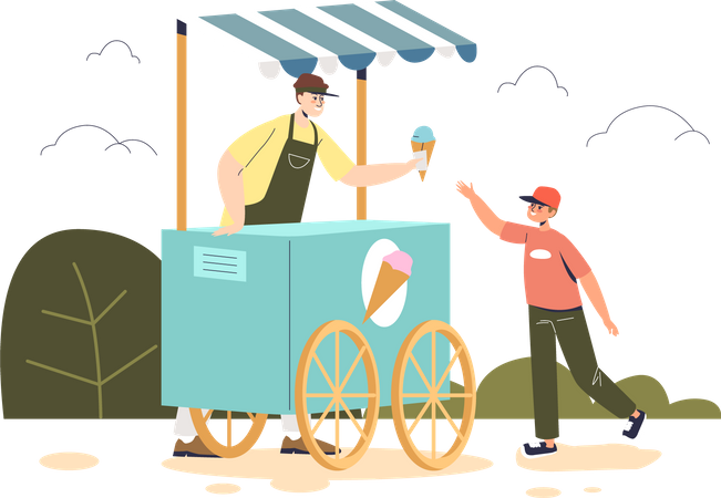 Garotinho compra sorvete no carrinho de quiosque ao ar livre  Ilustração