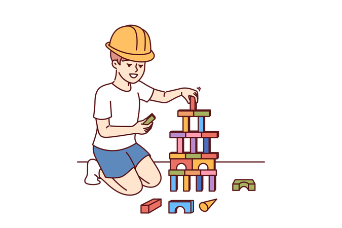 Construtor de garotinho fazendo torre de tijolos  Ilustração