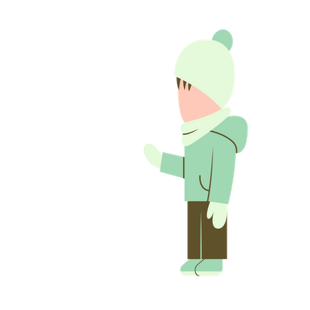 Garotinho parado perto do boneco de neve  Ilustração