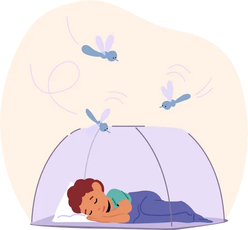 Menino dorme sob rede protegida de mosquitos  Ilustração