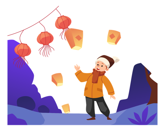 Menino feliz soltando lanternas no inverno  Ilustração