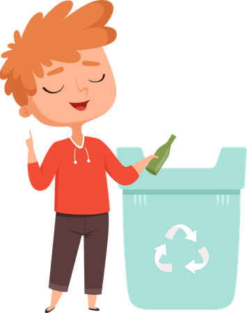 Garotinho jogando lixo na lata de lixo  Ilustração