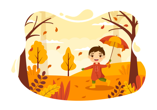 Garotinho segurando guarda-chuva e aproveitando a temporada de outono  Ilustração