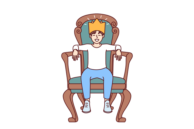 Garotinho senta no trono com coroa na cabeça  Ilustração