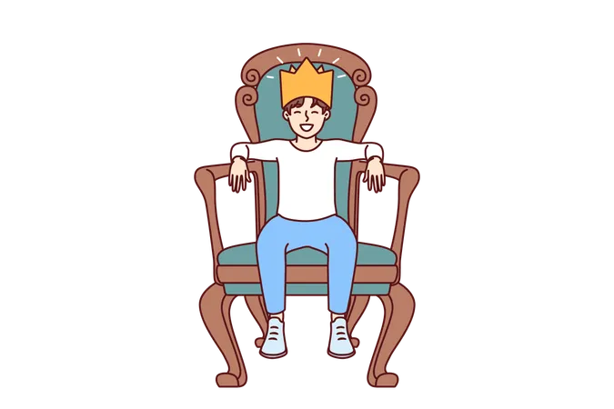 Garotinho senta no trono com coroa na cabeça  Ilustração