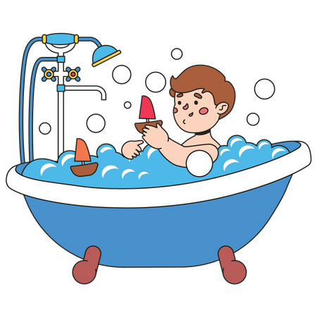 Garotinho tomando banho na banheira  Ilustração