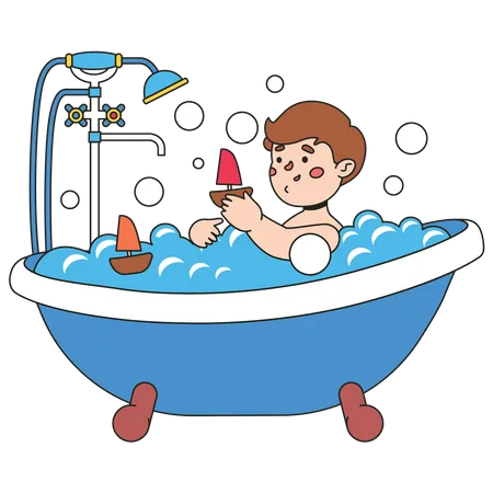 Garotinho tomando banho na banheira  Ilustração