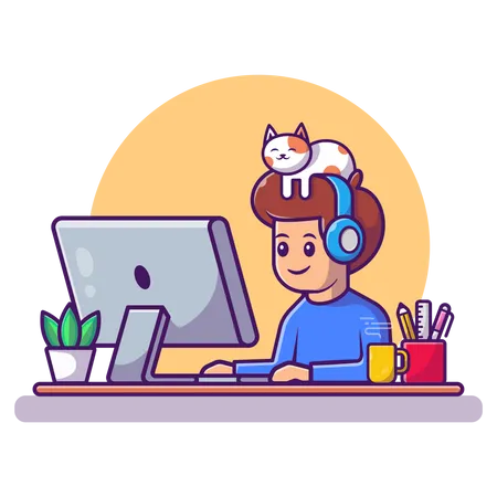 Garotinho trabalhando no computador  Ilustração