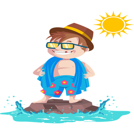Garoto legal em pé sobre a rocha d'água no verão e usando óculos e chapéu  Ilustração