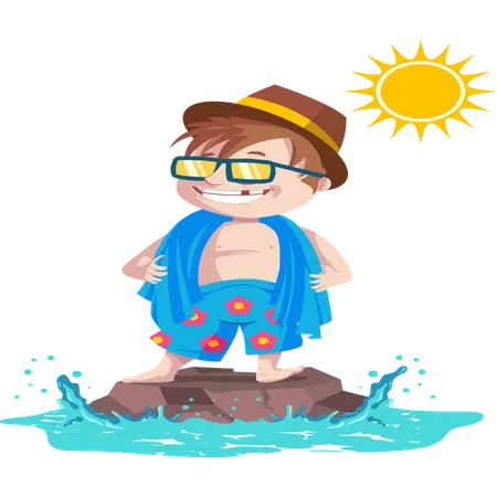 Garoto legal em pé sobre a rocha d'água no verão e usando óculos e chapéu  Ilustração